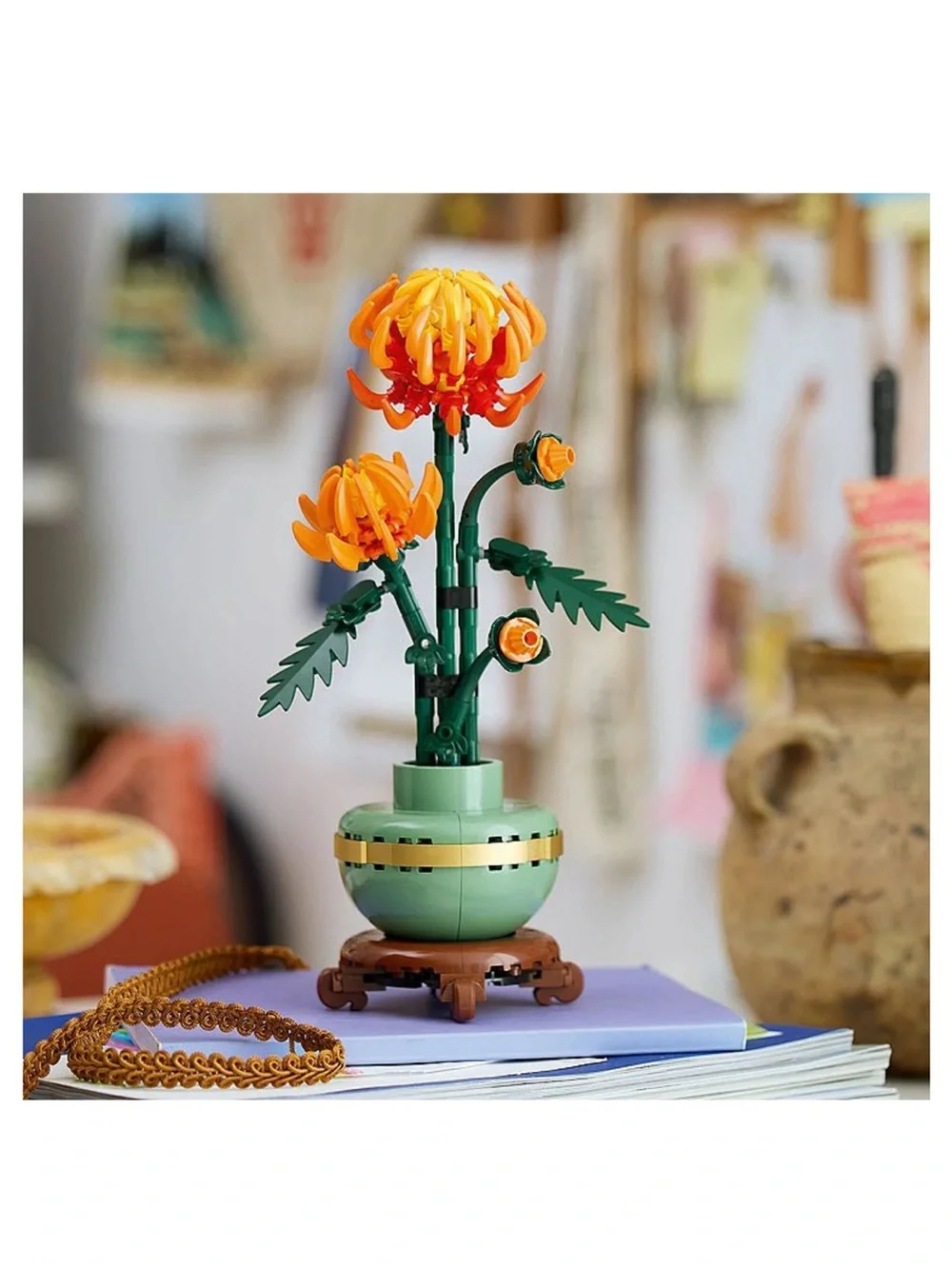 Lego Chrysanthemum Botanical Build — Orange and Green Floral Display